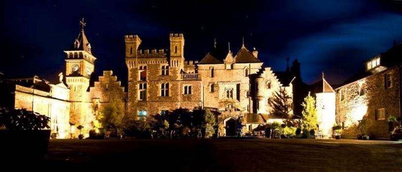 Craig y Nos Castle Wedding Venue in South Wales - Castle Floodlit at Night - Photo by Shane Lewis Photography
