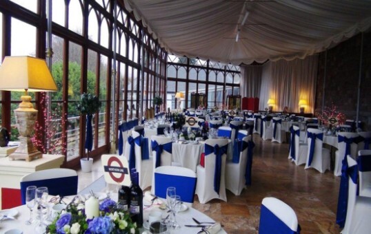 A London themed Wedding Breakfast in the Conservatory at Craig y Nos Castle