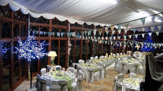 Wedding Banquet Craig y Nos Castle white and yellow table decor bunting