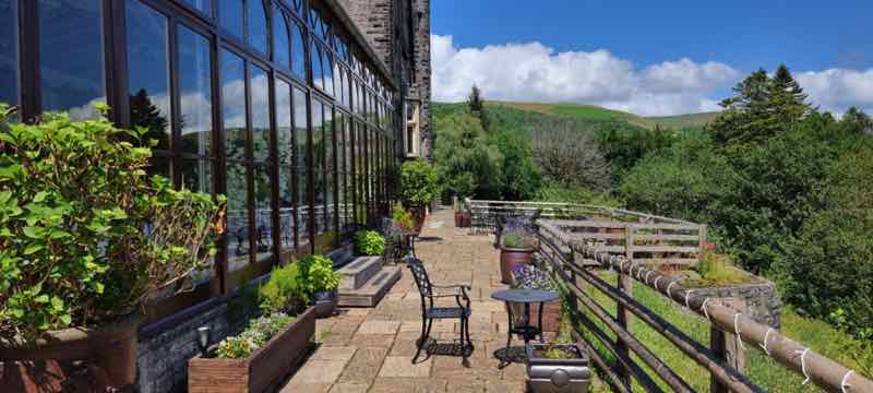 Conservatory Terrace Craig y Nos Castle, Bride in Snow, overlooking Brecon Beacons