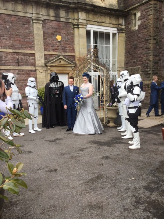 Star Wars Themed Wedding - Darth Vader and Bride outside Theatre