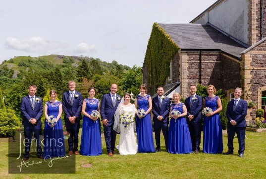 Blue Bridesmaids in the theate garden at Craig y Nos Castle