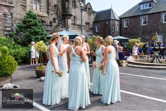Wales Castle Wedding Venue Bridesmaids Courtyard Craig y Nos Castle
