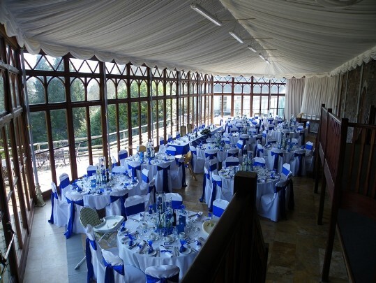 Craig y Nos Castle Wedding Venue Swansea Wedding Breakfast Room with Blue and White Chair Covers