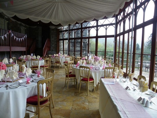 Craig y Nos Castle Wedding Venue Swansea Conservatory Wedding Breakfast, pink and white theme