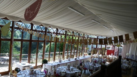 Craig y Nos Castle Wedding Venue Swansea showing the Conservatory with paper bunting