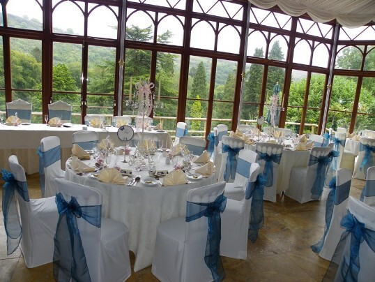 Craig y Nos Castle Wedding Venue Swansea Conservatory Wedding Breakfast pale blue and white colours