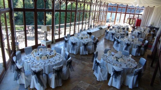 Craig y Nos Castle Wedding Venue Conservatory Wedding Breakfast with Black and White wedding theme