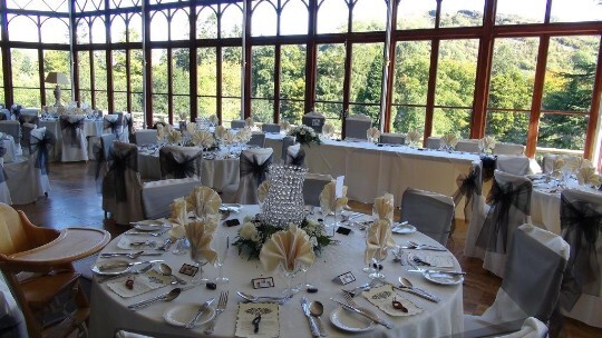 Wedding Breakfast Black and White wedding colour theme in the Conservatory at Craig y Nos Castle