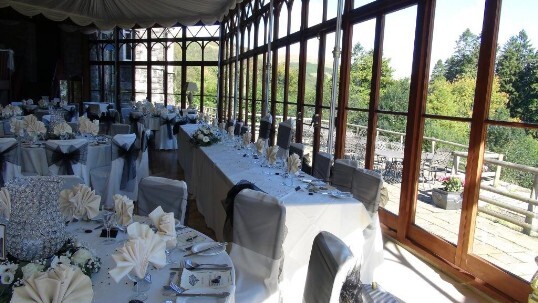 Wedding Breakfast Black and White wedding colour theme with chandelier vases on the tables