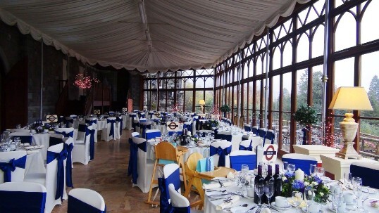 London Tube Station themed Wedding Breakfast in Conservatory at Craig y Nos Castle