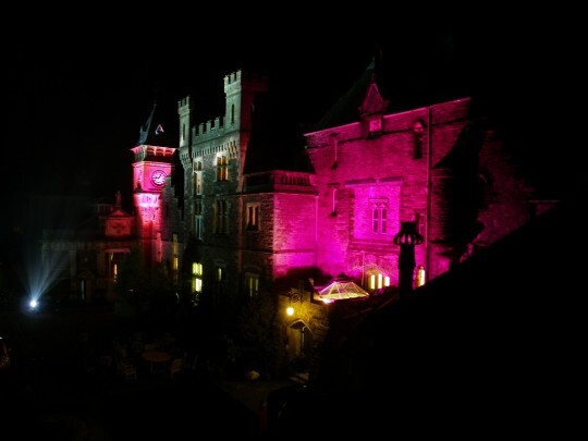 Craig y Nos Castle Wedding Venue Swansea Floodlit at Night in purples and greys