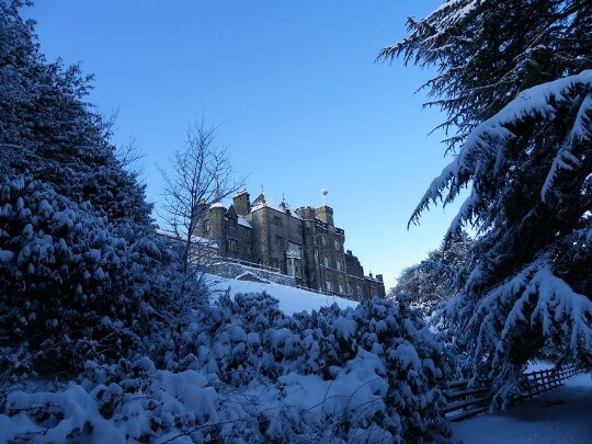 Blue sky, snow covered bushes and trees, Craig y Nos Castle snow covered, overlooking terraces and gardens