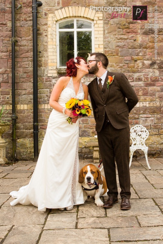 Craig y Nos Castle Dog Friendly Wedding Venues in South Wales - Bride and Groom with their dog