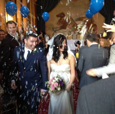 Wedding couple showered in confetti at Craig y Nos Castle's opera house